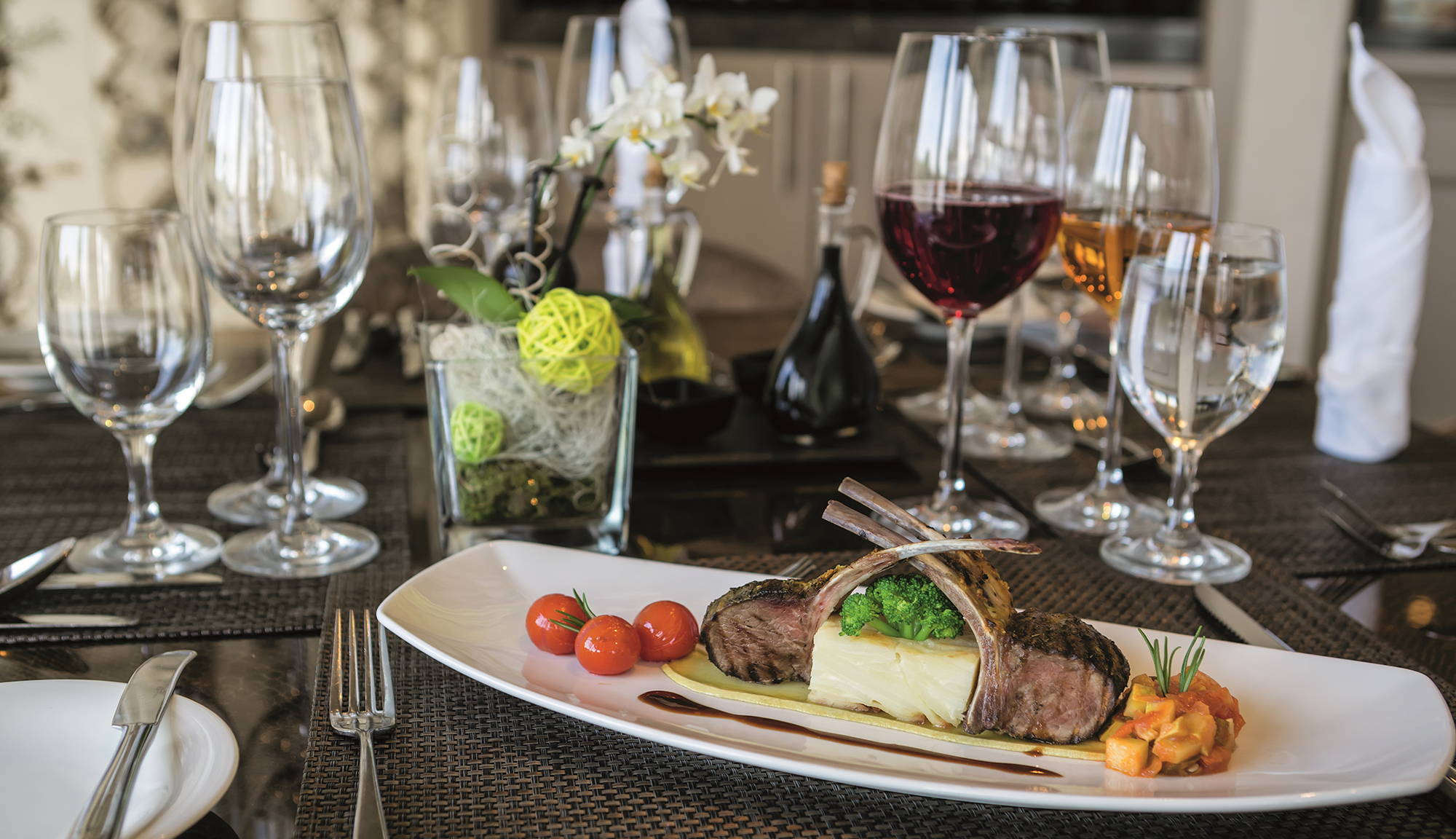 CULINARY_Plated_dish_with_wine2_AmaDolce_obd2023 Chef designed cuisines paired with regional wines.